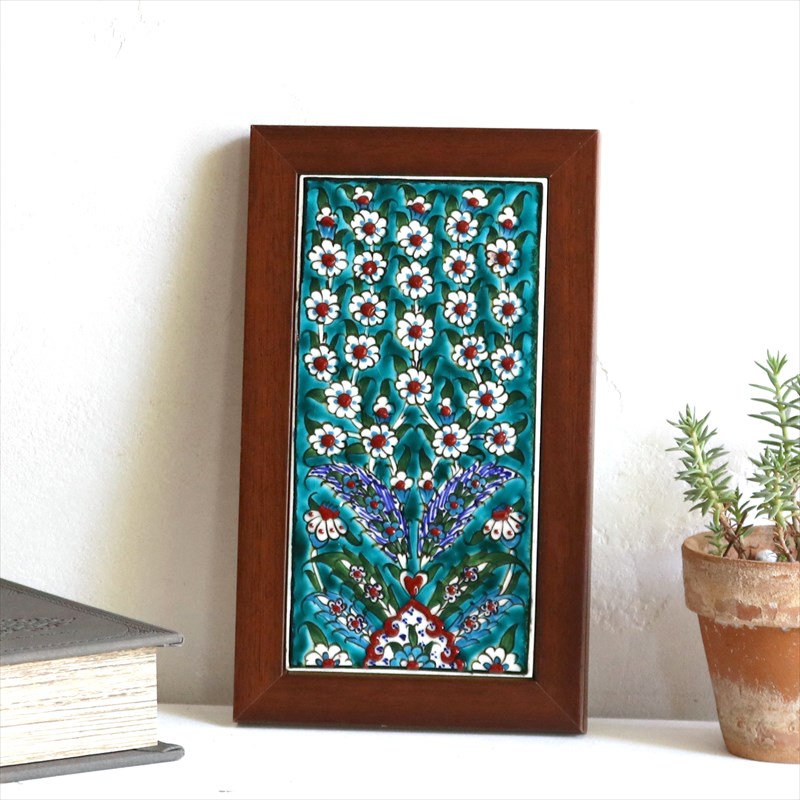 トルコ手書き陶器 ミニタイル1枚額 H24×W14×D1.5cm プラムツリー ブルーグリーン Turkish Hand Paint Tile