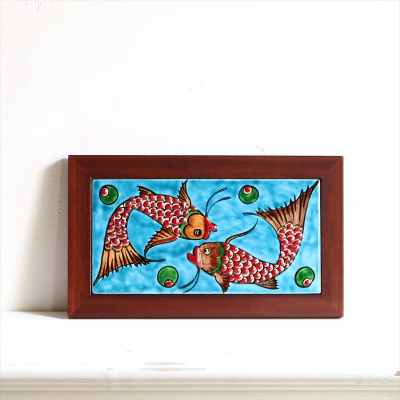 トルコ手書き陶器 ミニタイル1枚額 H24×W14×D1.5cm 二匹の魚 Turkish Hand Paint Tile