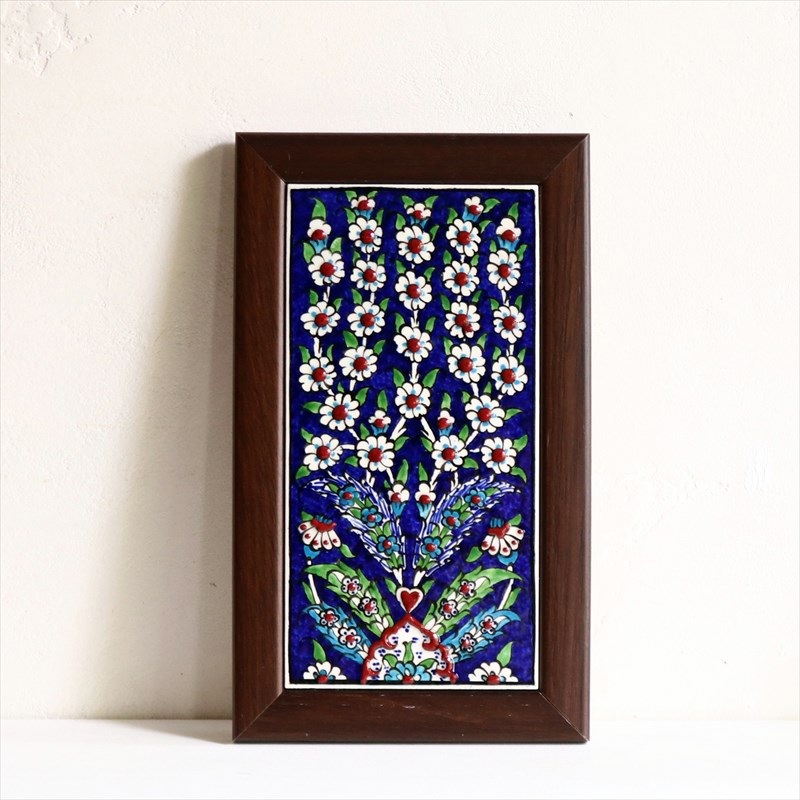 トルコ手書き陶器 ミニタイル1枚額 H24×W14×D1.5cm プラムツリー ブルー Turkish Hand Paint Tile