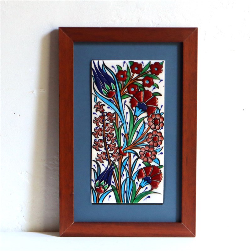 【15%OFF】手書きタイル トルコ陶器 ミニタイル1枚額 H29×W19×D1.5cm チューリップ＆カーネーション Turkish Hand Paint Tile