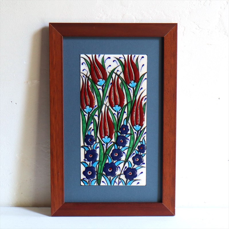【15%OFF】手書きタイル トルコ陶器 ミニタイル1枚額 H29×W19×D1.5cm チューリップ＆カーネーション Turkish Hand Paint Tile