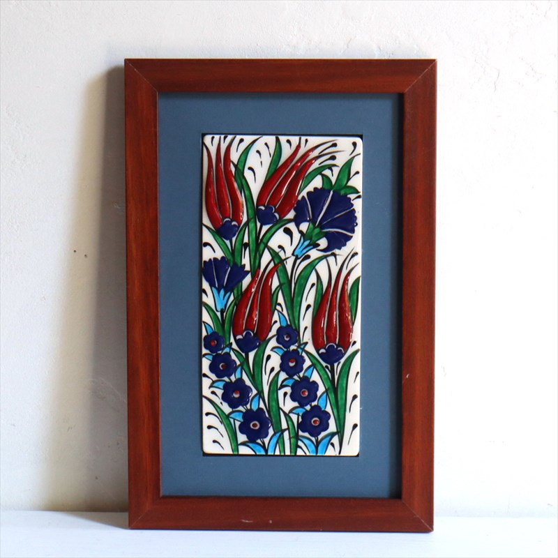 手書きタイル トルコ陶器 ミニタイル1枚額 H29×W19×D1.5cm チューリップ＆カーネーション Turkish Hand Paint Tile