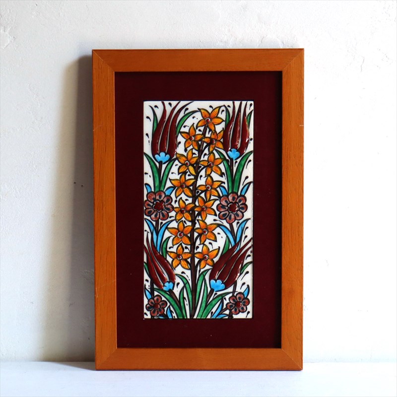 【15%OFF】手書きタイル トルコ陶器 ミニタイル1枚額 H29×W19×D1.5cm チューリップ＆カーネーション Turkish Hand Paint Tile
