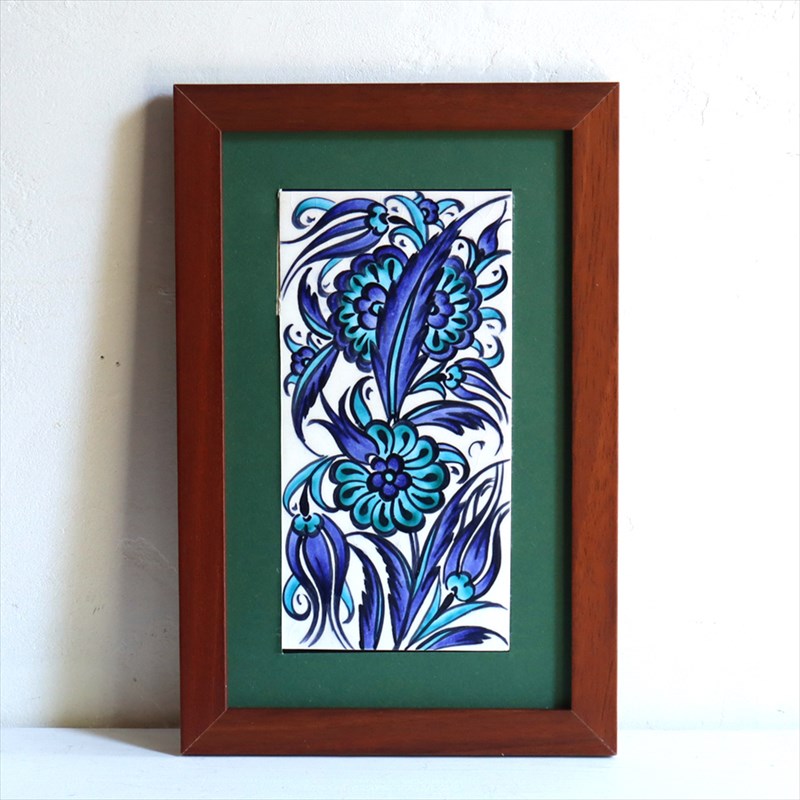 手書きタイル トルコ陶器 ミニタイル1枚額 H29×W19×D1.5cm ブルーフラワー Turkish Hand Paint Tile