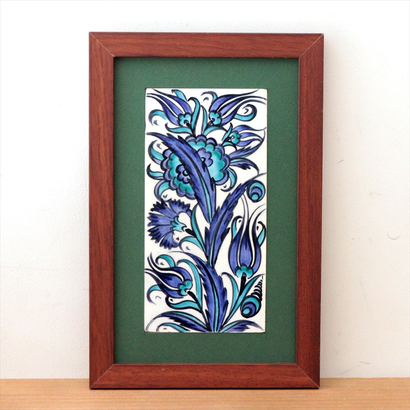 手書きタイル トルコ陶器 ミニタイル1枚額 H29×W19×D1.5cm ブルーチューリップ Turkish Hand Paint Tilex