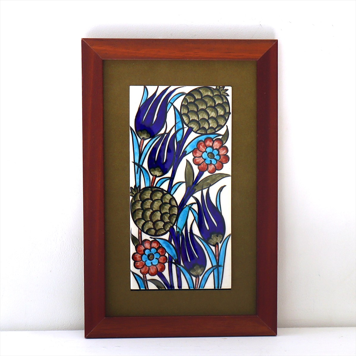 手書きタイル トルコ陶器 ミニタイル1枚額 H29×W19×D1.5cm チューリップ＆アーチチョークのような花 Turkish Hand Paint Tile