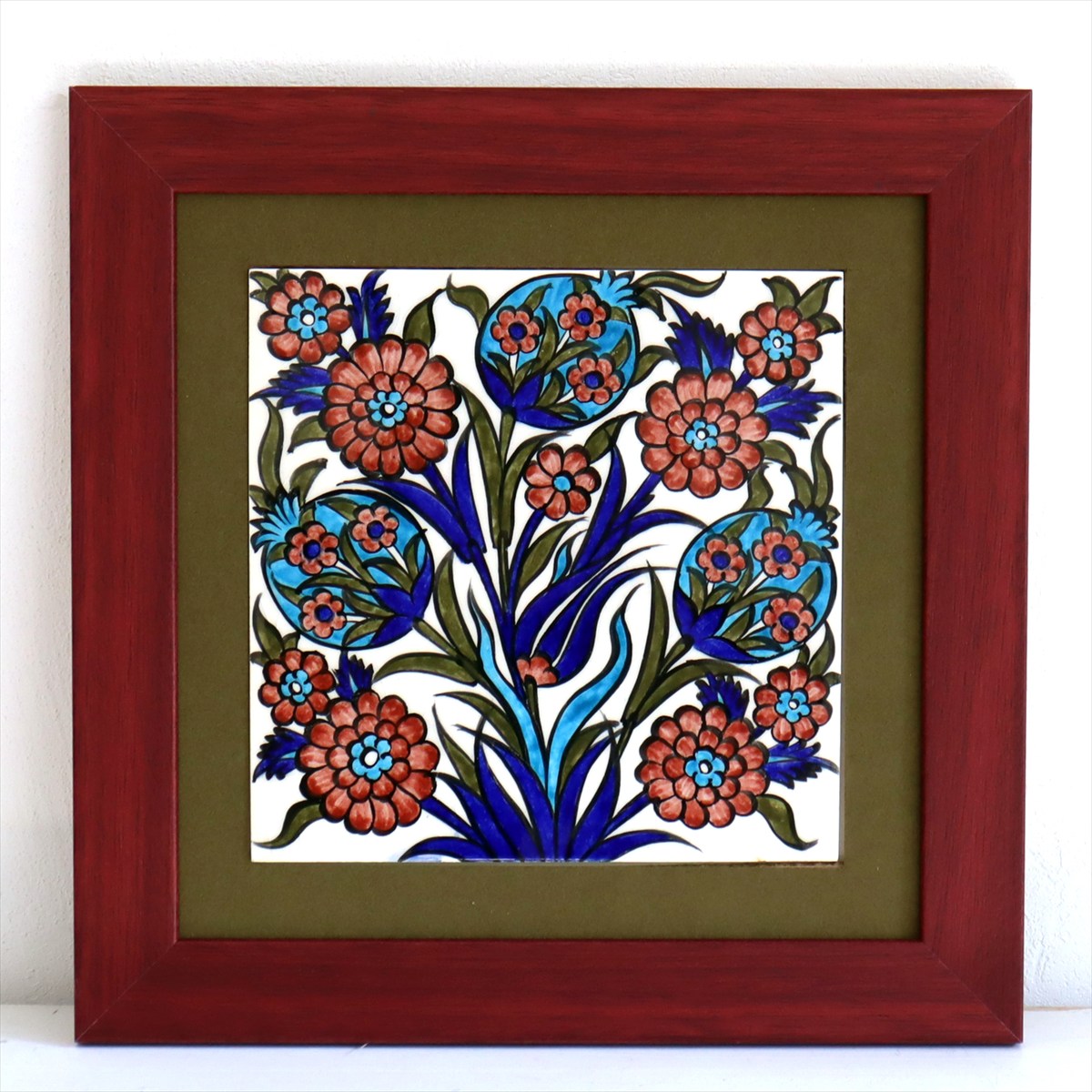 トルコ陶器 手書きタイル 1枚額 H31×W31×D2.5cm チューリップ＆カーネーション Turkish Hand Paint Tile