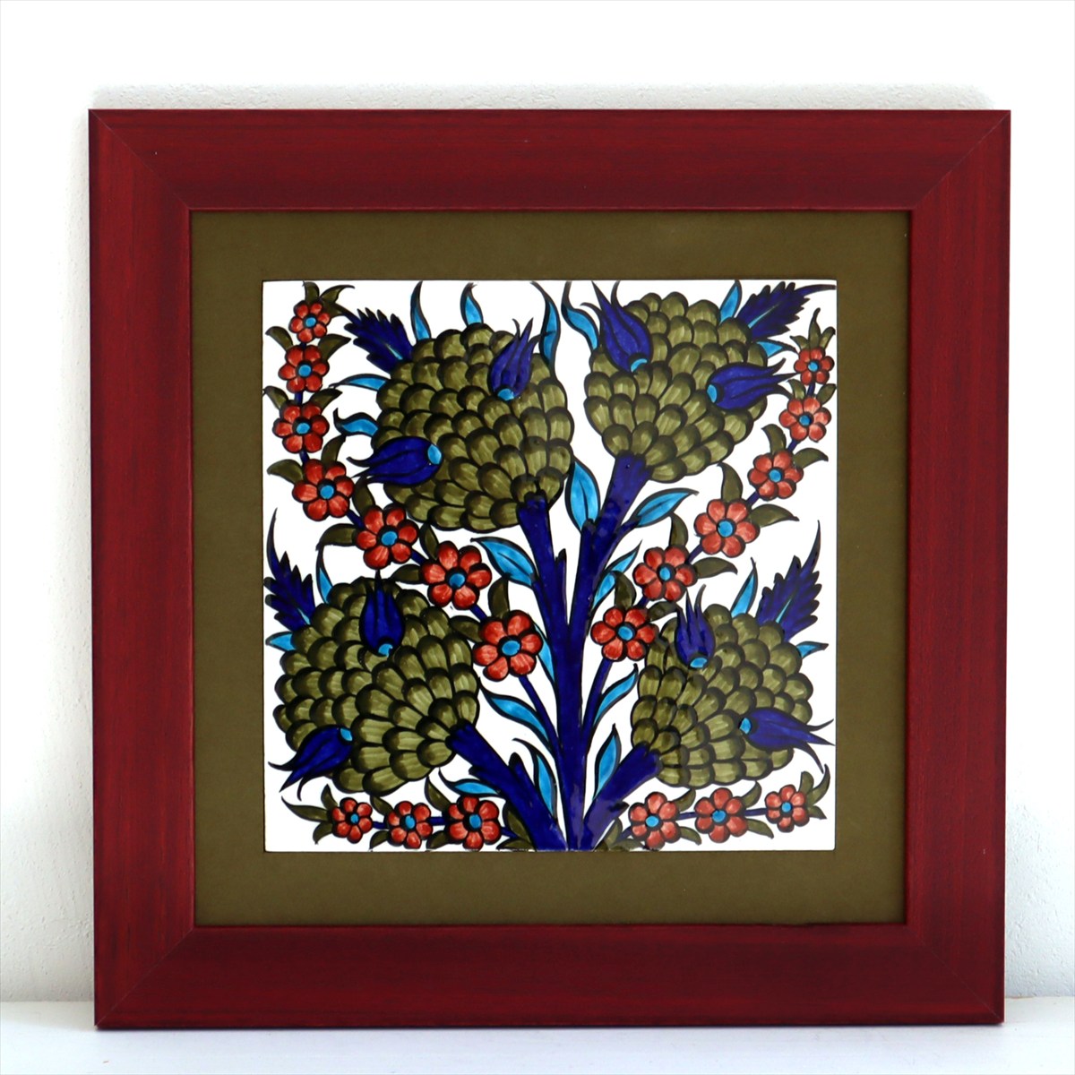 トルコ陶器 手書きタイル 1枚額 H31×W31×D2.5cm アーチチョークのような花 Turkish Hand Paint Tile