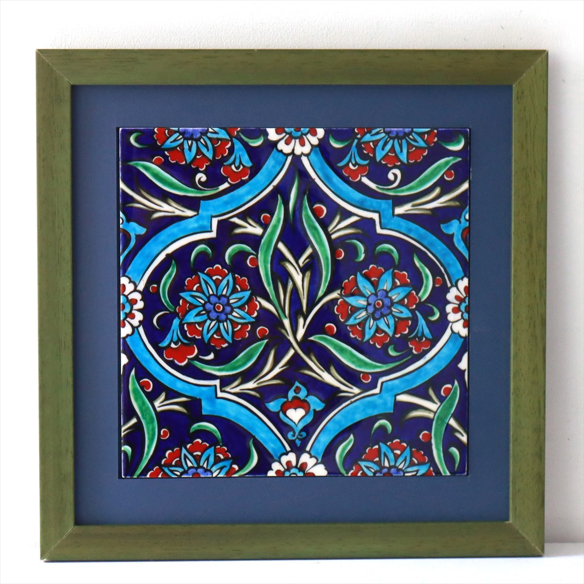トルコ陶器 手書きタイル 1枚額 H29×W29×D1.5cm フラワーデザイン Turkish Hand Paint Tile