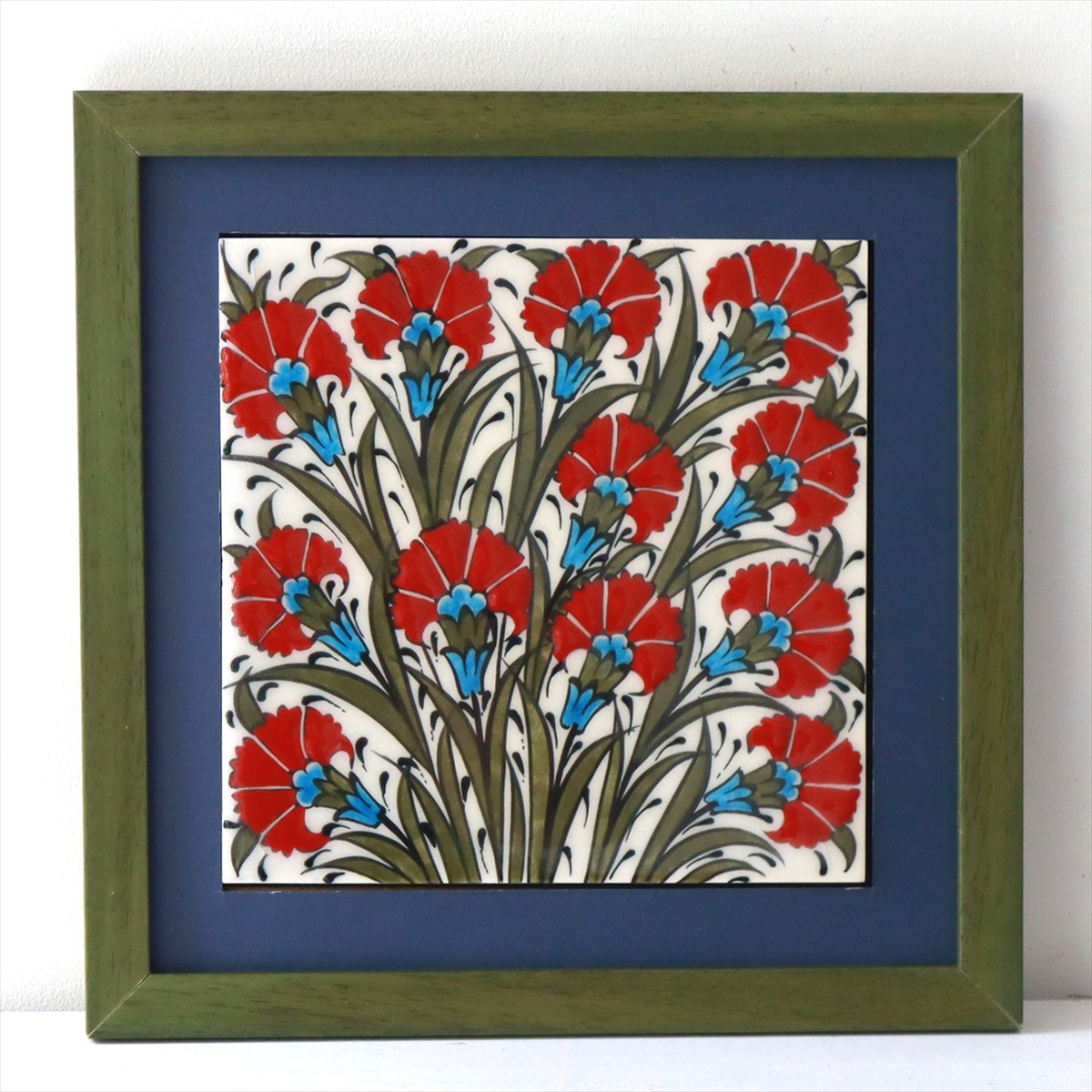 トルコ陶器 手書きタイル 1枚額 H29×W29×D1.5cm カーネーション Turkish Hand Paint Tile