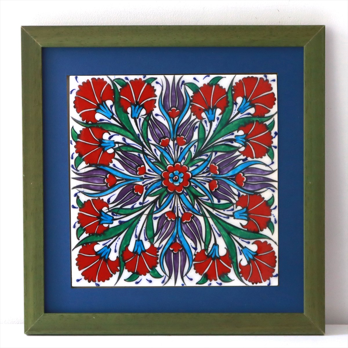 トルコ陶器 手書きタイル 1枚額 H29×W29×D1.5cm チューリップ＆カーネーション Turkish Hand Paint Tile