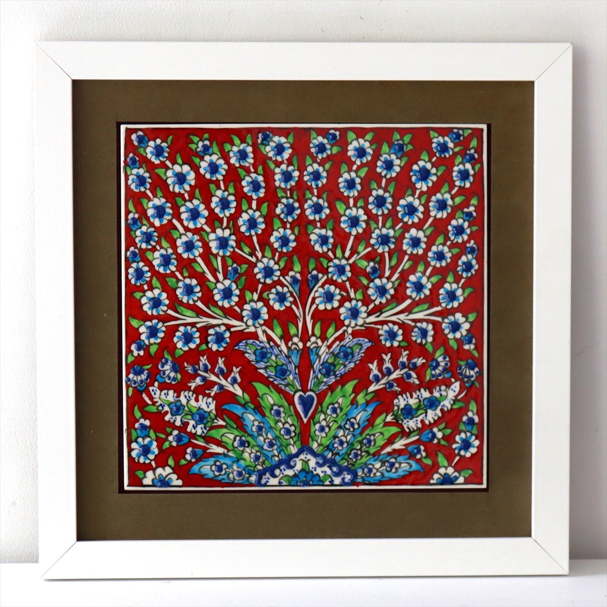 トルコ陶器 手書きタイル 1枚額 H29×W29×D1.5cm プラムツリー・レッド Turkish Hand Paint Tile