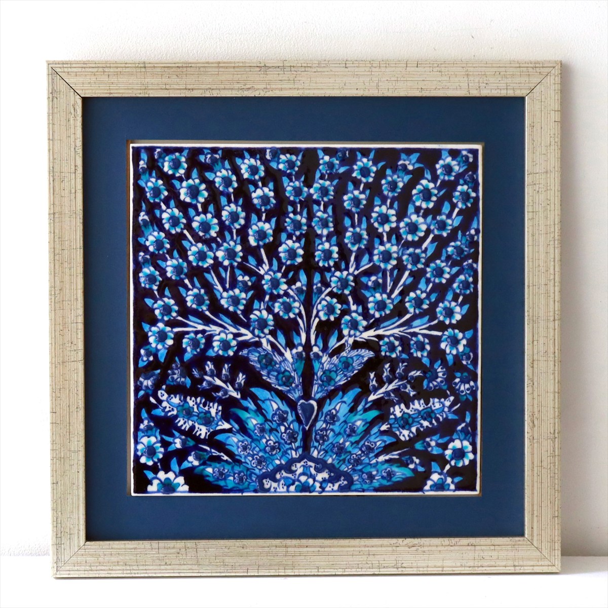 トルコ陶器 手書きタイル 1枚額 H29×W29×D1.5cm プラムツリー・ブルー Turkish Hand Paint Tile