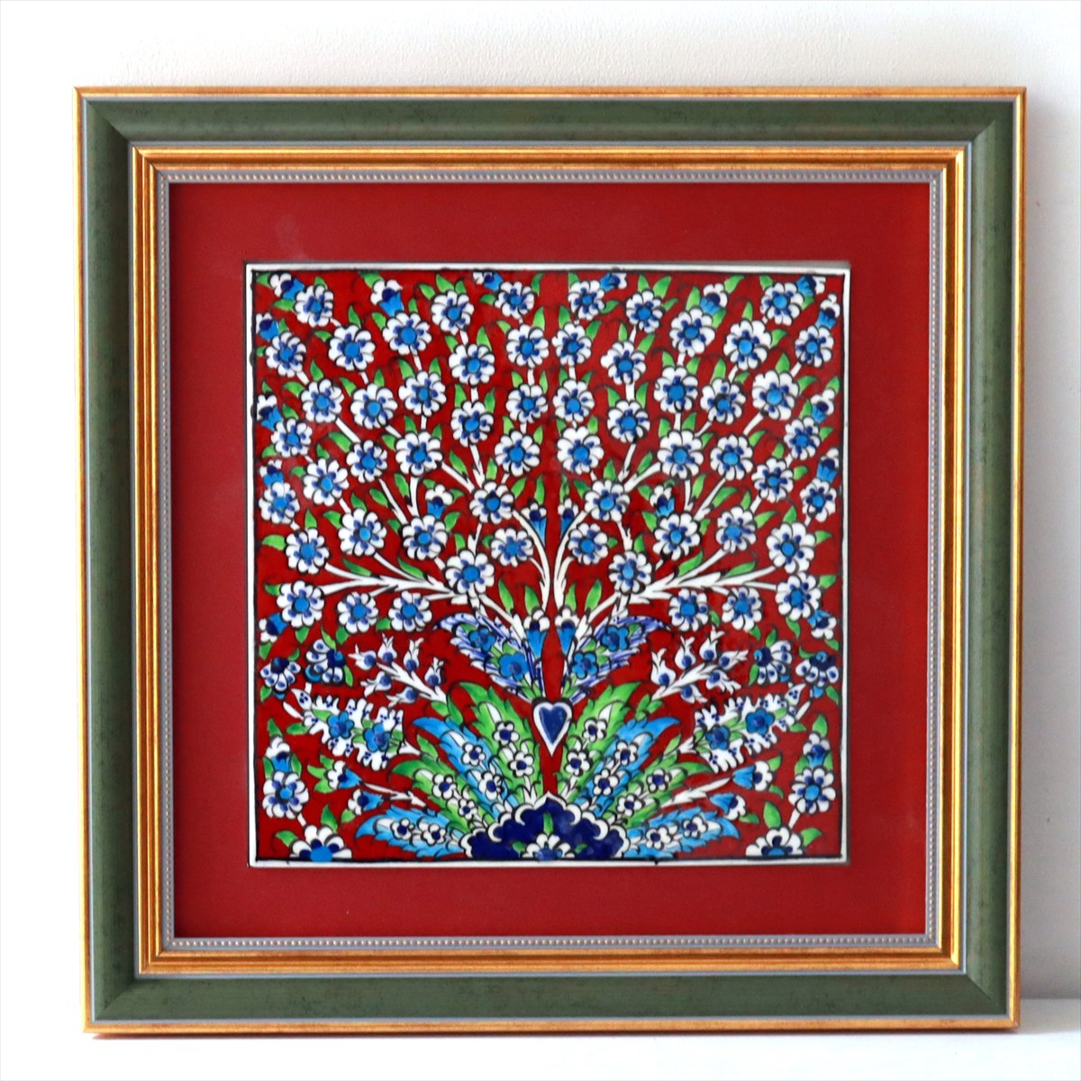 トルコ陶器 手書きタイル 1枚額 H31×W31×D2.5cm プラムツリー・レッド Turkish Hand Paint Tile