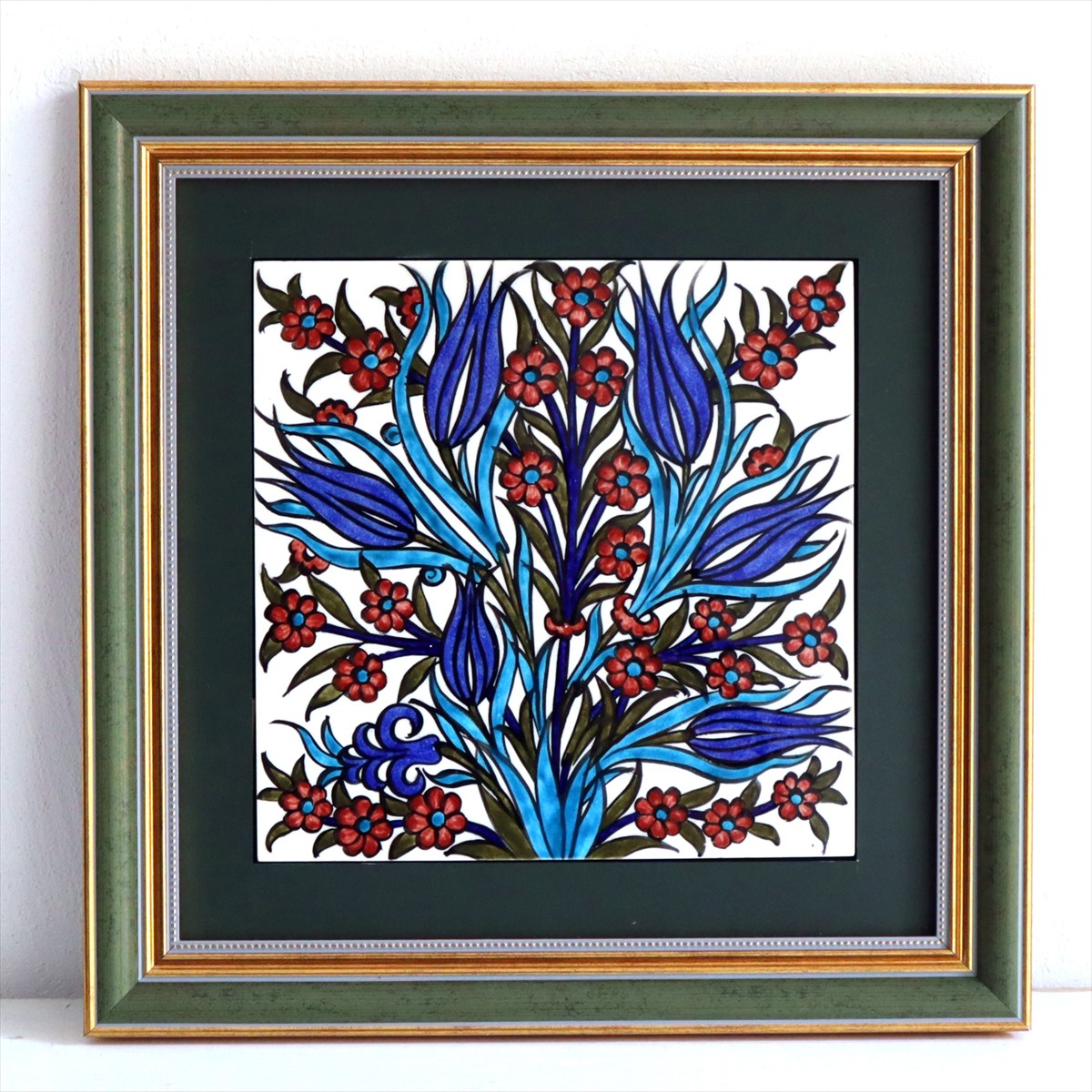 トルコ陶器 手書きタイル 1枚額 H31×W31×D2.5cm チューリップ＆カーネーション Turkish Hand Paint Tile