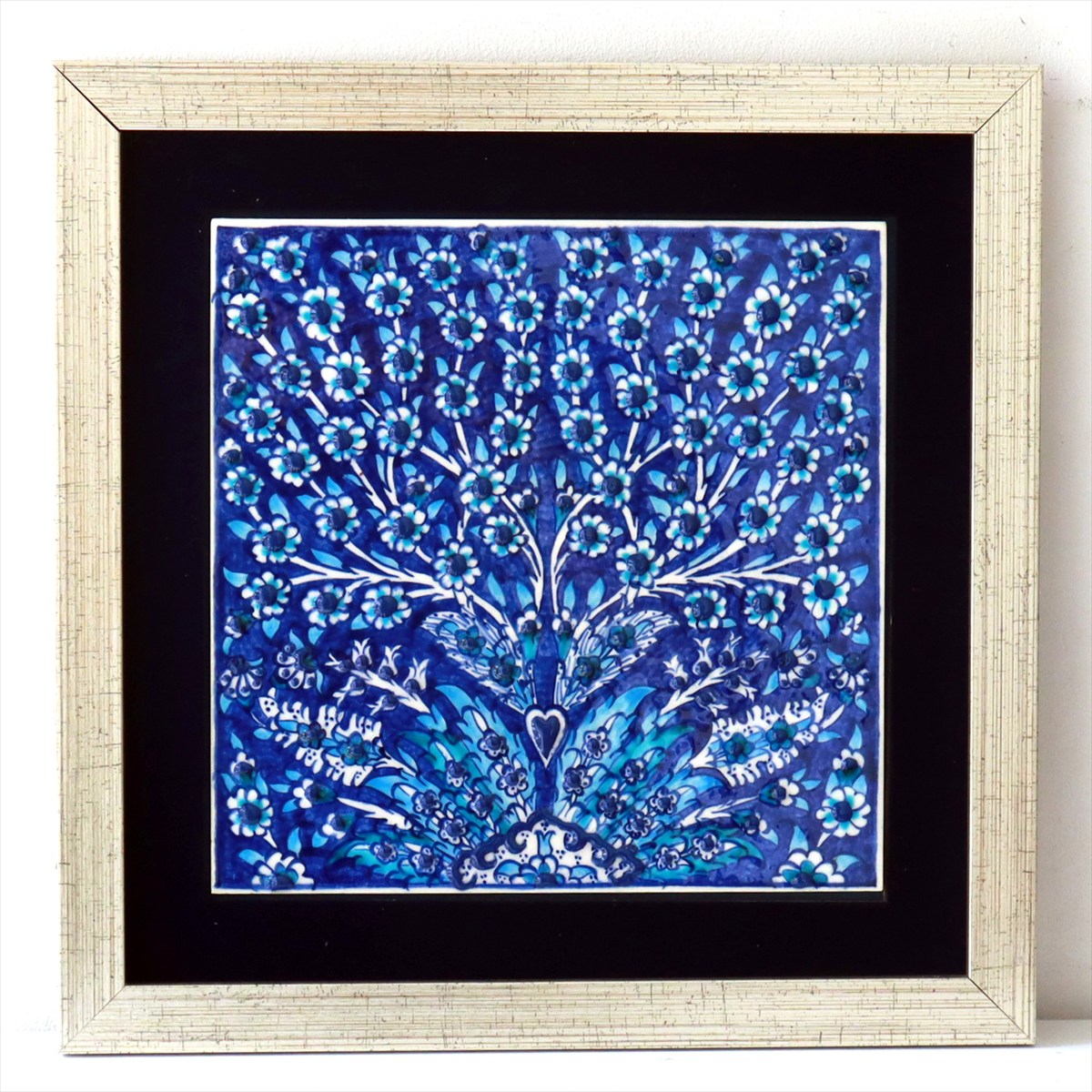 トルコ陶器 手書きタイル 1枚額 H29×W29×D1.5cm プラムツリー・ブルー Turkish Hand Paint Tile