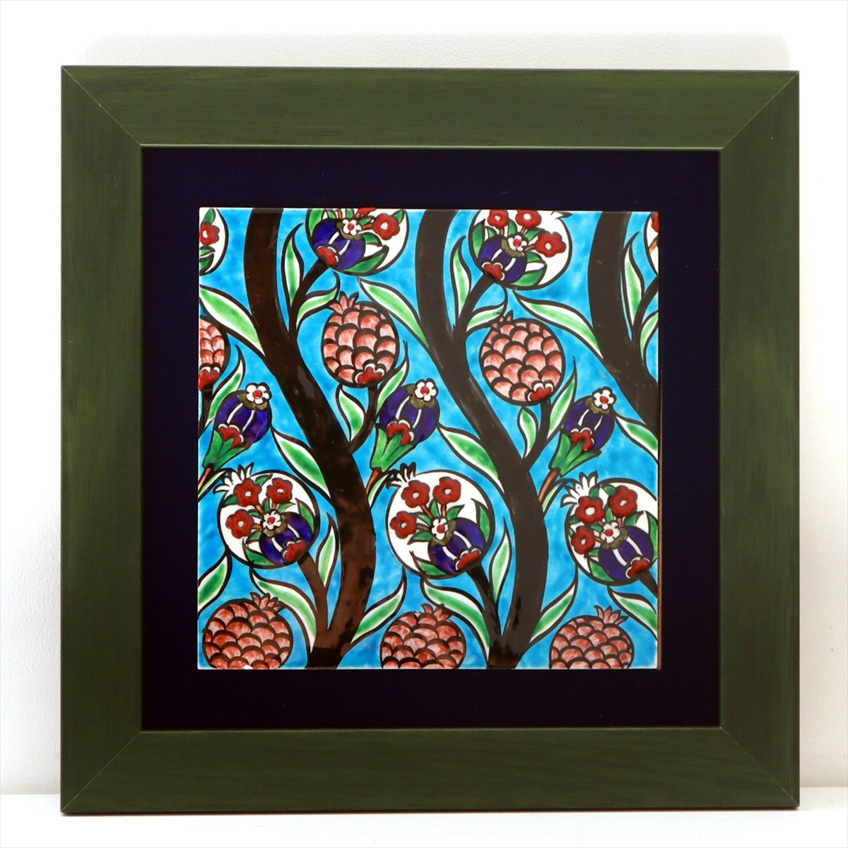 トルコ陶器 手書きタイル 1枚額 H32×W32×D1.5cm チューリップ＆アーチチョークのような花 Turkish Hand Paint Tile