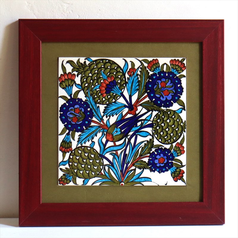 手書きタイル トルコ陶器 1枚額 H32×W32×D1.5cm アーチチョークのような花 Turkish Hand Paint Tile