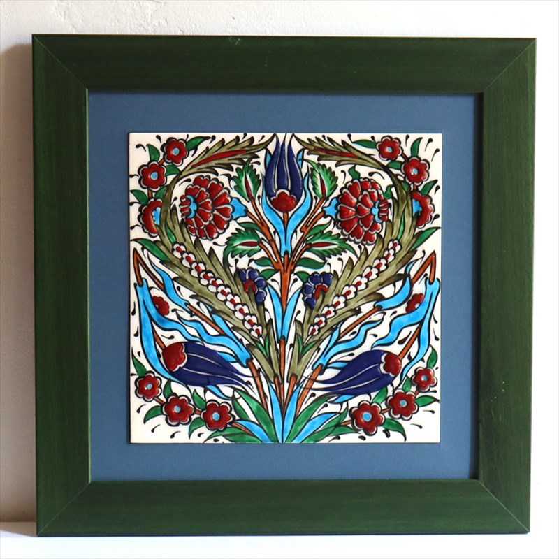 【15%OFF】手書きタイル トルコ陶器 1枚額 H32×W32×D1.5cm チューリップ＆カーネーション Turkish Hand Paint Tile