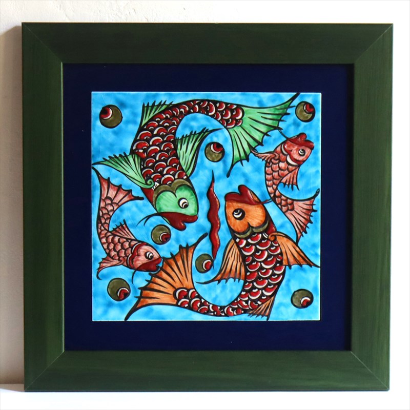 【15%OFF】手書きタイル トルコ陶器 1枚額 H32×W32×D1.5cm 魚のモチーフ Turkish Hand Paint Tile