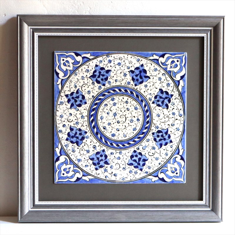 【15%OFF】手書きタイル トルコ陶器 1枚額 H31×W31×D1.5cm ブルーフラワー Turkish Hand Paint Tile