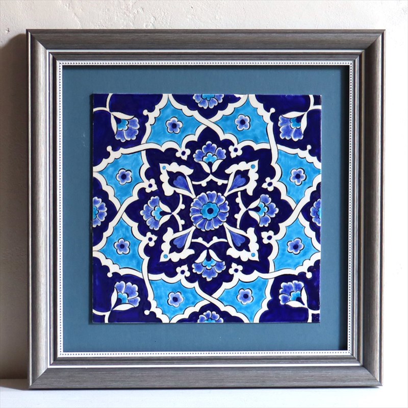 【15%OFF】手書きタイル トルコ陶器 1枚額 H31×W31×D1.5cm ブルーフラワー Turkish Hand Paint Tile