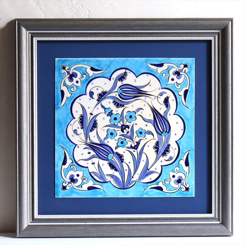 手書きタイル トルコ陶器 1枚額 H31×W31×D1.5cm ブルーチューリップ Turkish Hand Paint Tile