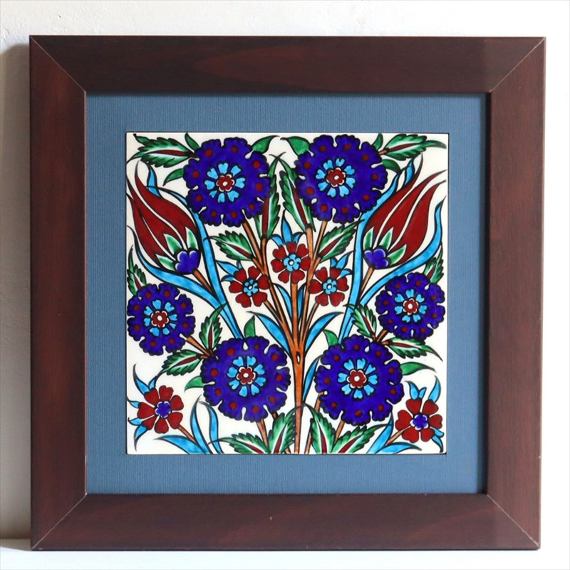 【15%OFF】手書きタイル トルコ陶器 1枚額 H32×W32×D1.5cm チューリップ＆カーネーション Turkish Hand Paint Tile