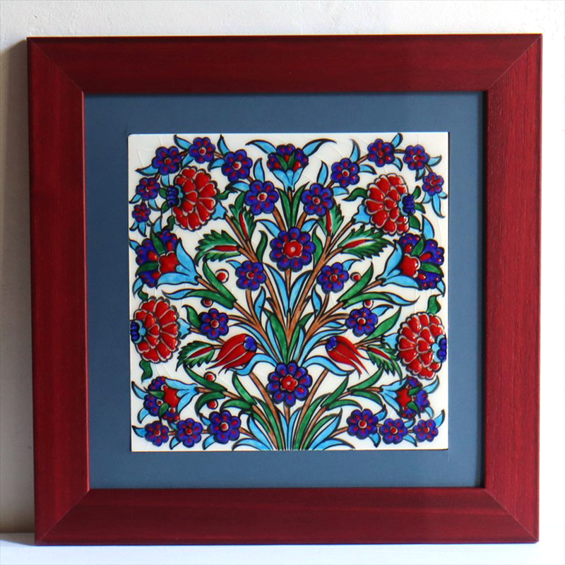 【15%OFF】手書きタイル トルコ陶器 1枚額 H32×W32×D1.5cm チューリップ＆カーネーション Turkish Hand Paint Tile