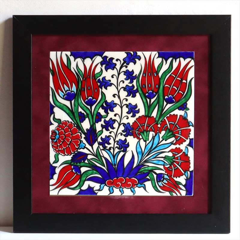 【15%OFF】手書きタイル トルコ陶器 1枚額 H30×W30×D1.5cm チューリップ＆カーネーション Turkish Hand Paint Tile