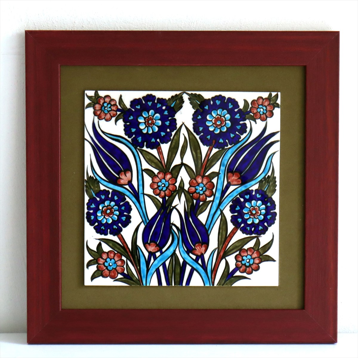 トルコ陶器 手書きタイル 1枚額 H32×W32×D1.5cm チューリップ＆カーネーション Turkish Hand Paint Tile