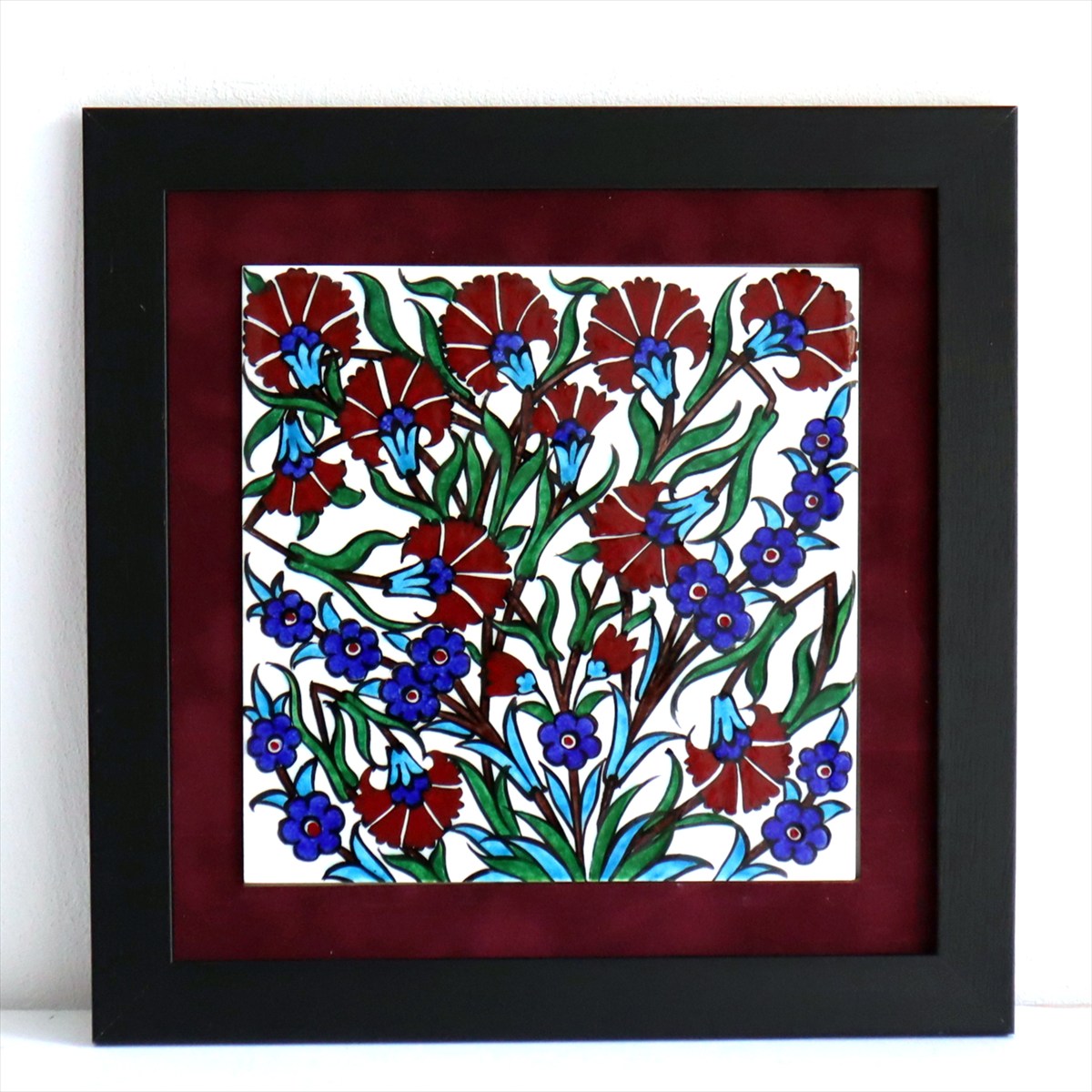トルコ陶器 手書きタイル 1枚額 H30×W30×D1.5cm チューリップ＆カーネーション Turkish Hand Paint Tile