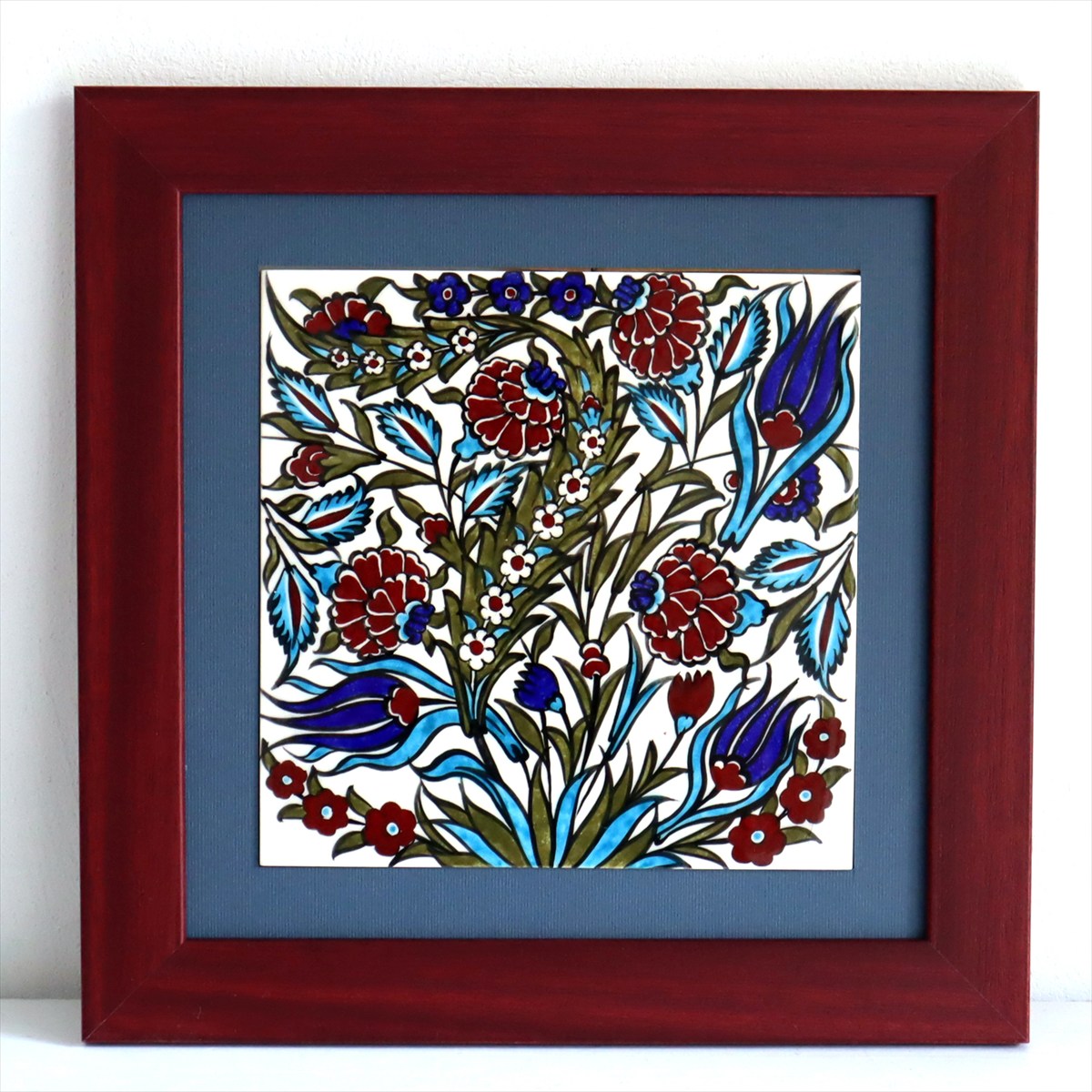 トルコ陶器 手書きタイル 1枚額 H32×W32×D1.5cm チューリップ＆カーネーション Turkish Hand Paint Tile