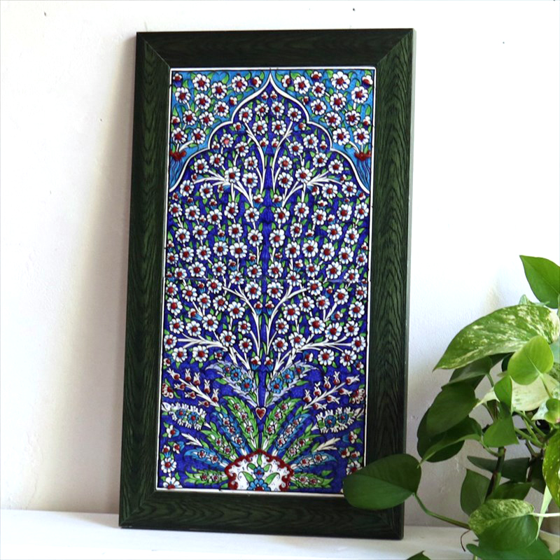 トルコタイル 手書き陶器2枚額 H47×W27×D1.5cm プラムツリー ブルー/グリーン Turkish Hand Paint Tiles