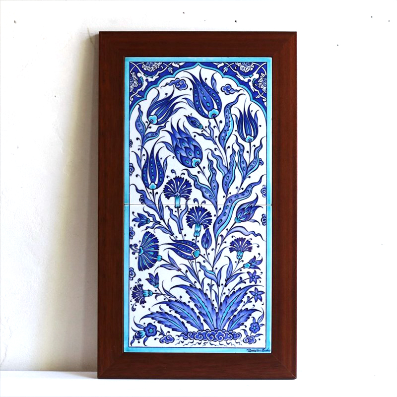 トルコタイル 手書き陶器2枚額 H47×W27×D1.5cm ブルーチューリップ Turkish Hand Paint Tiles