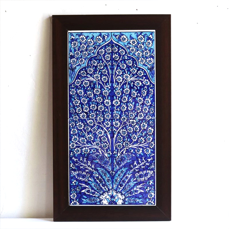 トルコタイル 手書き陶器2枚額 H47×W27×D1.5cm プラムツリー ブルー Turkish Hand Paint Tiles