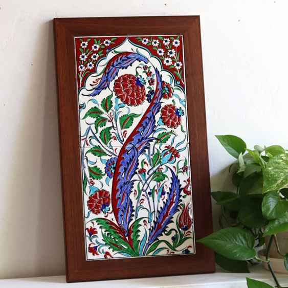 トルコタイル 手書き陶器2枚額 H47×W27×D1.5cm フラワーデザイン＆馬蹄形ミフラープ Turkish Hand Paint Tiles
