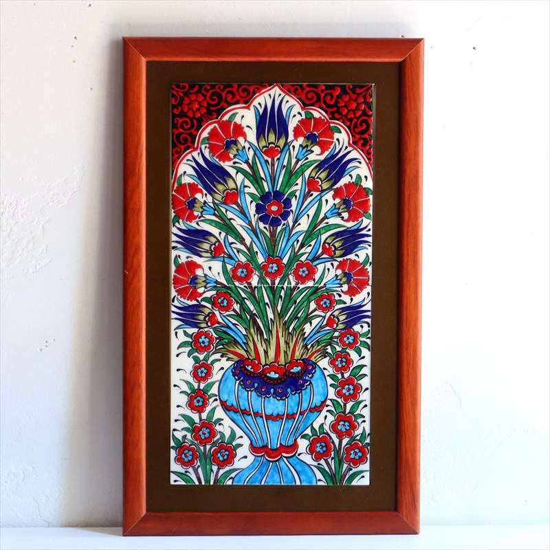 トルコ陶器 手書きタイル 2枚額 H49×W29.5×D1.5cm チューリップとカーネーション Turkish Hand Paint Tiles