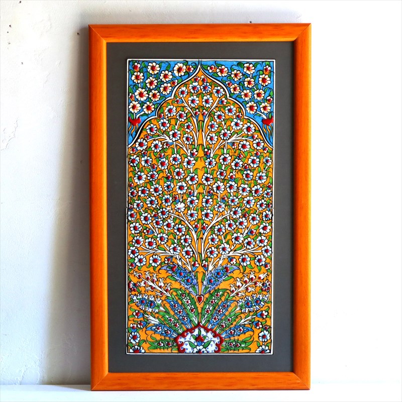 トルコ陶器 手書きタイル 2枚額 H49.5×W30×D1.5cm プラムツリー イエロー Turkish Hand Paint Tiles