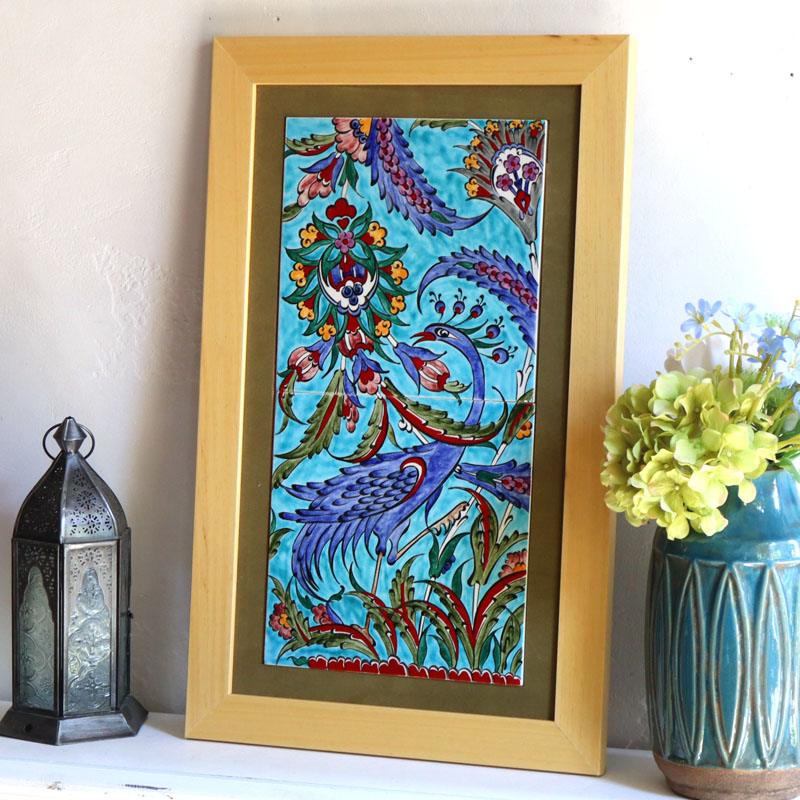 トルコ陶器 手書きタイル 2枚額 H51.5×W32×D1.5cm 青い孔雀と花 Turkish Hand Paint Tiles