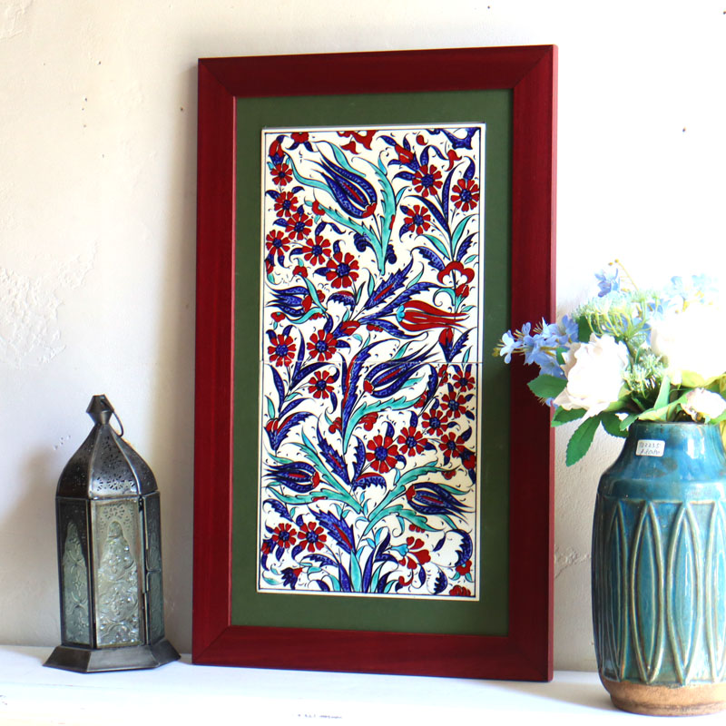 トルコ陶器 手書きタイル 2枚額 H52.5×W32×D1.5cm チューリップとカーネーション Turkish Hand Paint Tiles