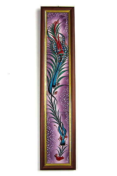 オスマントルコデザイン チューリップの手書きタイル 縦３枚額　64x14cm プラム
