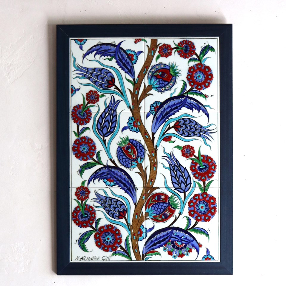 トルコ陶器 手書き6枚タイル H67×W45×D1.5cm チューリップとカーネーション レッド/ブルー Turkish Hand Paint Tiles