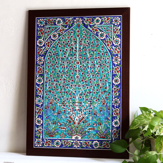 トルコ陶器 手書き6枚タイル H67×W45×D1.5cm プラムツリーとチューリップ グリーンブルー Turkish Hand Paint Tiles