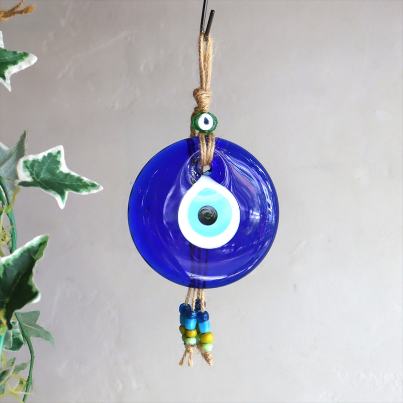 ナザールボンジュウ  11cm 麻紐＆ビーズ飾り Nazar Boncug Evel Eye /トルコ ガラス製 青い目玉のお守り
