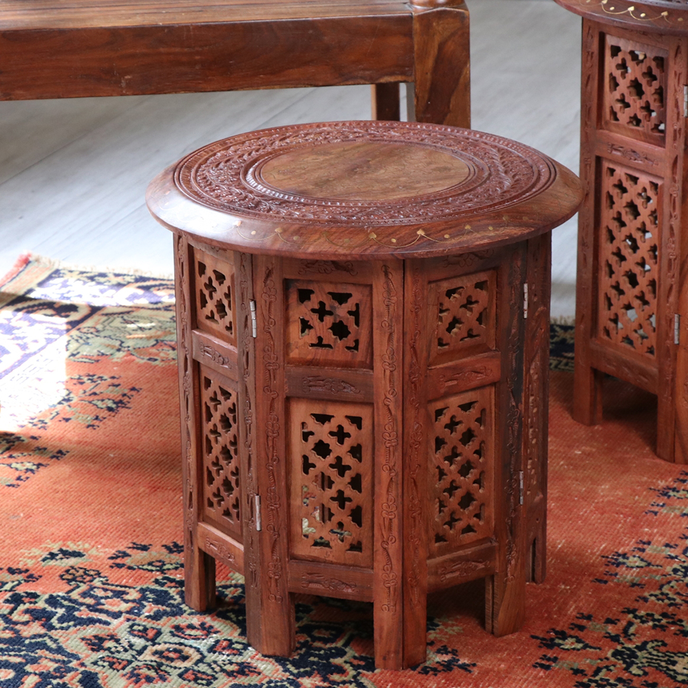 木彫りの木製テーブルラウンド・シーシャムウッドテーブル・折りたたみ式 Sサイズ Seasham Wood Table Ssize 直径38cm×高さ39cm