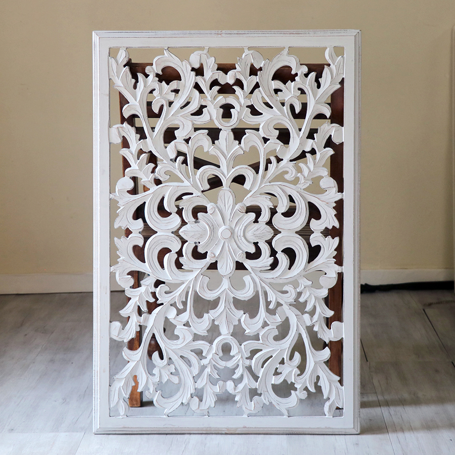 木彫り木製パネル長方形H91×W60×D2cm・アラベスクデザインレリーフ・ホワイト/wood carving arabesque design white