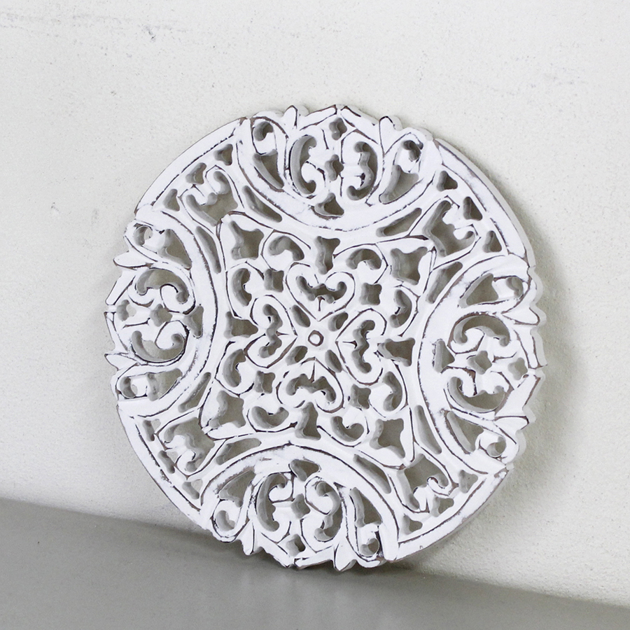 木彫り木製パネルラウンド直径30cm・アラベスクデザインレリーフ・ ホワイト/wood carving arabesque design white
