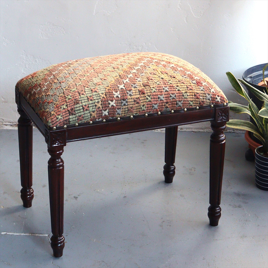 オールドキリムスツールベンチ H52×W54×D35cm オールドキリム木製家具 ヤムート old kilim wood furniture stool bench