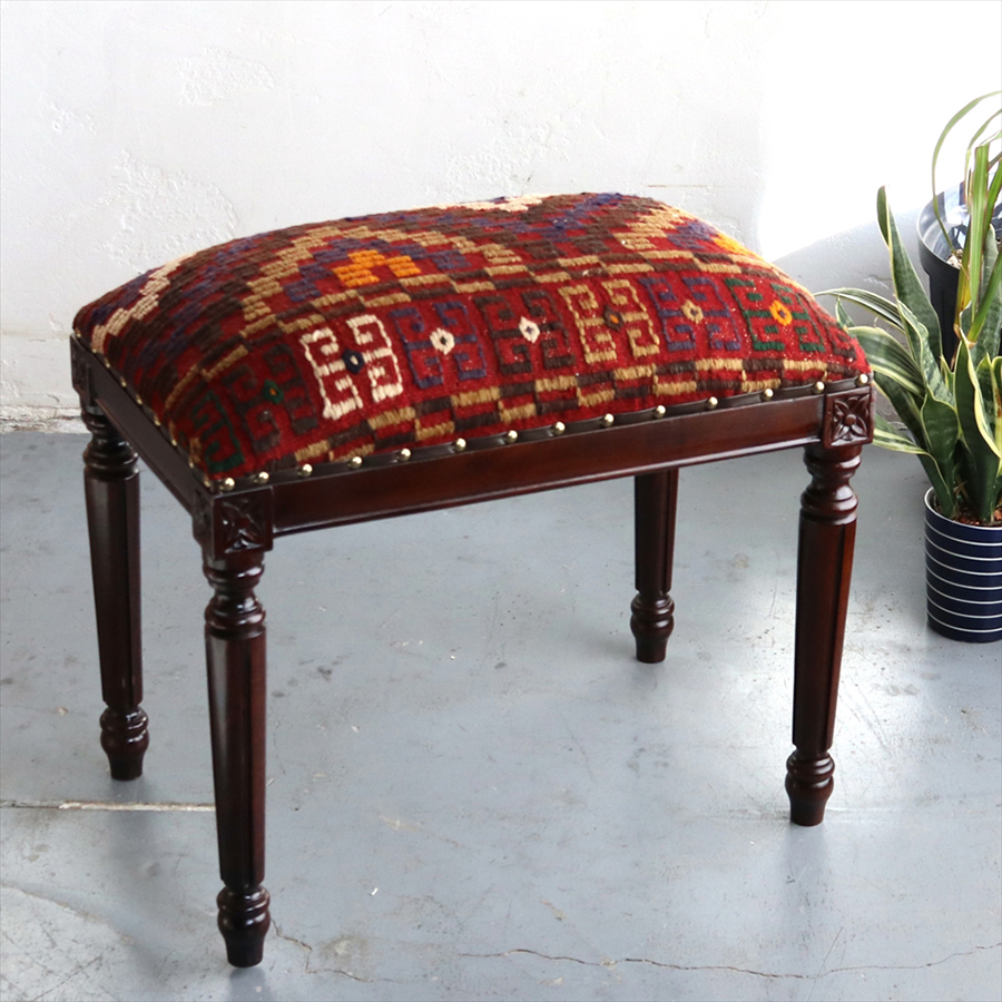 オールドキリムスツールベンチ H52×W54×D35cm オールドキリム木製家具 old kilim wood furniture stool bench